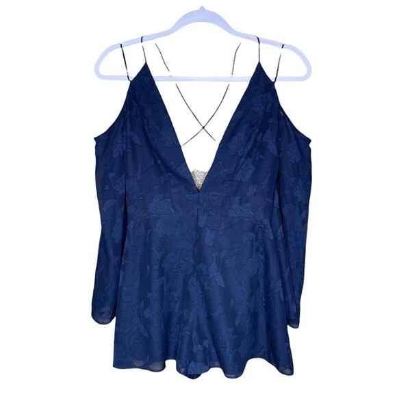 Finders Womens Romper Size XS Navy Blue Floral Off The Shoulder Long Sleeve - Picture 1 of 16